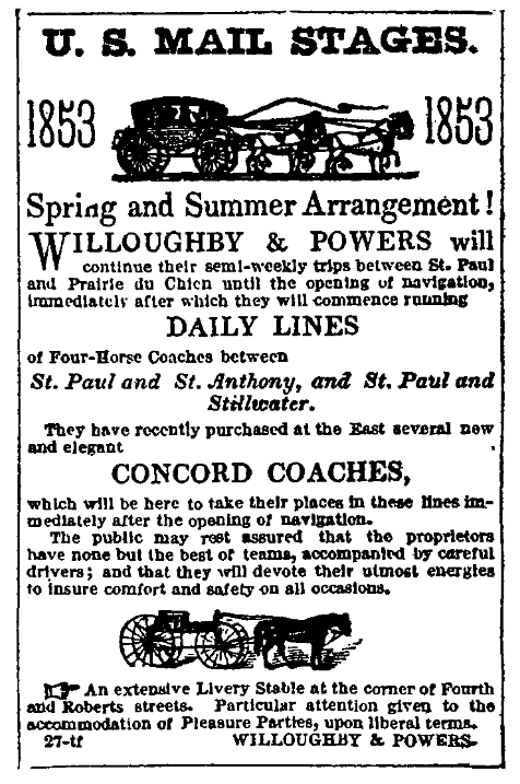 1853 newspaper ad for US Mail Stages running from St. Paul, MN, offered by Willoughby & Powers